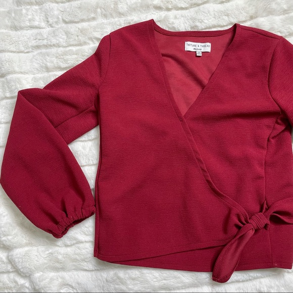 Madewell Texture and Thread Red Crepe Wrap Blouse - Picture 9 of 16